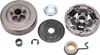 A collection of chainsaw clutch parts laid out on a white background. Voir les images du produit