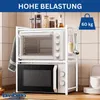 A white metal shelf unit holding a microwave and a toaster oven, with jars of food on top and kitchen utensils hanging on the side. The scene is set on a kitchen counter with a tiled backsplash. Anteprima dell’immagine prodotto
