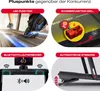 A collage of four images showcasing features of a treadmill, including LED lights, lubrication system, Bluetooth speakers, and automatic incline. Produktbild-Vorschau