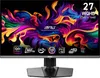 A computer monitor displaying a colorful abstract image, with various feature icons and specifications shown on the screen and below it. Produktbild-Vorschau