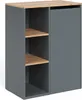 A product shot of a gray cabinet with wooden shelves and a wooden top. Produktbild-Vorschau