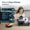 A woman is using a slicer in a kitchen setting, with feature callouts on the left. Produktbild-Vorschau