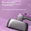 Close-up of a portable garment steamer being used on a piece of purple fabric, with German text overlays. Produktbild-Vorschau