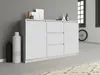 A white sideboard with three drawers and two doors, placed against a gray wall with decorative items on top. Voir les images du produit