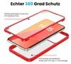 An exploded view of a phone case, showing its three parts: a clear front cover with screen protector, a red frame, and a red back cover. Produktbild-Vorschau