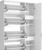 A white shoe cabinet with multiple tilting shelves. Produktbild-Vorschau