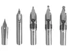 A collection of five different calligraphy nibs arranged in a row against a white background. Produktbild-Vorschau