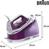 A Braun steam ironing station is shown with dimensions indicated. Produktbild-Vorschau