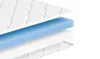 A close-up, layered cross-section of a mattress topper, showing the different material layers. Produktbild-Vorschau