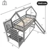 A diagram showing the dimensions of a bunk bed with a slide and stairs. Produktbild-Vorschau