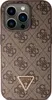 A close-up view of a brown phone case with a repeating Guess logo pattern and a triangular Guess logo emblem. Podgląd zdjęcia produktu