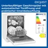 A white dishwasher with its door open, loaded with dishes. An energy efficiency label is shown to the right. Produktbild-Vorschau