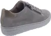 A side view of a gray suede sneaker with a gold heel accent. Produktbild-Vorschau