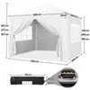 A diagram showing the dimensions of a white gazebo tent, with a folded tent bag and a car trunk shown in smaller inset images. Produktbild-Vorschau