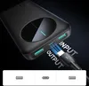 A black power bank with a charging cable plugged into it, with icons representing different charging ports below. Produktbild-Vorschau