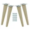 Four wooden furniture legs with metal mounting plates and a group of screws on a white background. Produktbild-Vorschau