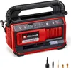 A red and black Einhell hybrid compressor with a digital display and various nozzles shown below. Voir les images du produit
