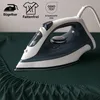 An iron is shown on a dark green fabric, likely a fitted sheet, with some text and icons above. Produktbild-Vorschau