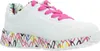 A single white sneaker with pink laces and a colorful heart pattern on the sole. Podgląd zdjęcia produktu