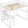 A white loft bed with a wooden slatted mattress base, a ladder, and shelves is shown against a white background. Produktbild-Vorschau
