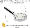 A close-up of a shower head with text and icons highlighting its features. Produktbild-Vorschau