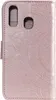 A pink flip case for a Samsung Galaxy A20e with a mandala pattern embossed on the cover. Produktbild-Vorschau