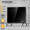 A black glass heater is shown with dimensions and features indicated by text and icons. Produktbild-Vorschau