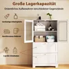 A white wooden cabinet with glass doors and drawers, showcasing its storage capacity with various items like towels, toilet paper, and toiletries. Podgląd zdjęcia produktu