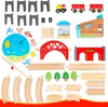 A collection of wooden toy train set pieces arranged on a white background. Produktbild-Vorschau
