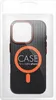 A black mobile phone case with orange accents, displayed in its transparent packaging. Produktbild-Vorschau