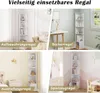 A collage of four images showing a white corner shelf unit used in different settings: as a storage shelf, a bookshelf, a display shelf, and a toy shelf. Produktbild-Vorschau
