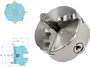 A 3-jaw self-centering lathe chuck is shown from a diagonal angle, with technical drawings of the chuck on the left side. Podgląd zdjęcia produktu