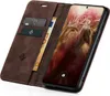 A brown leather flip case for a smartphone, open to reveal the phone screen and card slots. Produktbild-Vorschau