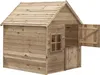 A wooden playhouse with an open door and a window. Produktbild-Vorschau