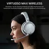 A woman wearing a silver gaming headset, with marketing text overlayed. Produktbild-Vorschau