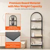 A marketing image showcasing a black metal shelf unit with various items on it, accompanied by text highlighting its features and material. Náhled obrázku produktu