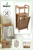 A collage of images showcasing a bamboo laundry basket with shelves, including close-ups and different angles. Podgląd zdjęcia produktu