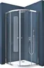 A modern shower cabin with glass doors and chrome fixtures, set against a dark blue wall. Produktbild-Vorschau