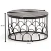 A round coffee table with a dark wood top and a decorative metal base, shown with dimensions indicated. Produktbild-Vorschau