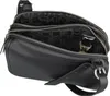 A black leather handbag with its compartments open, showing the branded interior lining and a small bottle inside one compartment. Produktbild-Vorschau