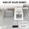 A disassembled cat litter box and its accessories are laid out on a tiled floor, with labels pointing to each component. Produktbild-Vorschau