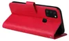 A red flip phone case for a Samsung Galaxy A21s is shown open, revealing the phone inside. Produktbild-Vorschau
