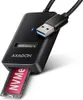 A black AXAGON USB-A 10Gbps - M.2 NVMe and SATA SSD Adapter with an NVMe SSD inserted. Náhled obrázku produktu