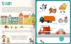An open book page showing illustrations of a city scene on the left and various city vehicles and animals on the right, with labels in German. Produktbild-Vorschau