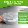 A hand is shown placing the lid on a divided food container, with marketing text and features listed on the right side of the image. Produktbild-Vorschau
