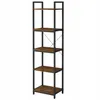A tall, narrow bookshelf with a metal frame and wooden shelves. Náhled obrázku produktu