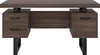 A front view of a dark brown wooden desk with black metal legs and drawer pulls, set against a white background. Podgląd zdjęcia produktu