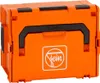 An orange storage box with a black handle and latches, featuring a white logo. Produktbild-Vorschau