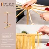 A collage showing a bamboo pasta drying rack, including an illustration of its assembly and close-ups of hands using it to dry fresh pasta. Podgląd zdjęcia produktu