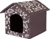 A brown dog house with a white floral pattern, shown from a front-diagonal angle against a white background. Produktbild-Vorschau